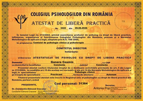 Atestat de liberă practică – Colegiul Psihologilor din România, Cosmin Ganera